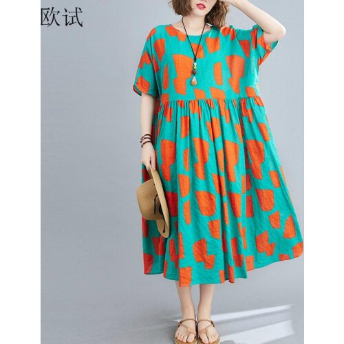 Oversized Summer Beach Long Dress Women Oversize Geometric Print Ladies Dresses Cotton Boho Casual Woman Dress Robe Femme 2021