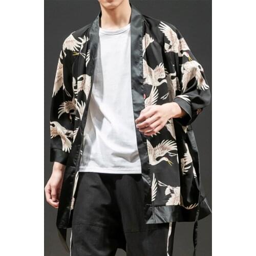 2019 Chinese Style Kimono Cardigan Men Crane Printed Long Black Kimono Cardigan Men Casual Kimono Jacket Men Summer
