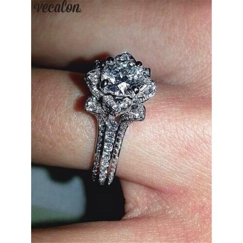 Vecalon Statement Flower ring Real 925 Sterling Silver AAAAA Cz Engagement wedding band rings For women men Party Finger Jewelry