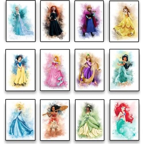 Canvas Poster Elsa & Anna Disney Princess Cartoon Watercolor Paintings Print Wall Art Picture Kid Living Room Cuadros Home Decor