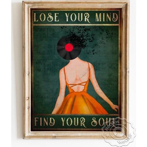 Listen Music Orange Dress Girl Vintage Poster, Vinyl Record Art Prints Canvas Painting, Female Figure Wall Picture Home Decor