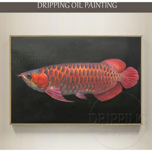 Hand-painted Beautiful Fish Red Dragon Arowana Oil Painting Wonderful Animal Red Dragon Fish Oil Painting for Office Decoration