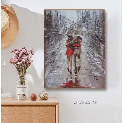 Hand Painted Modern impressist Artwork Lover in Raining Day Worth Keeping Thinkness Oil Painting On Canvas For Wall Decoration
