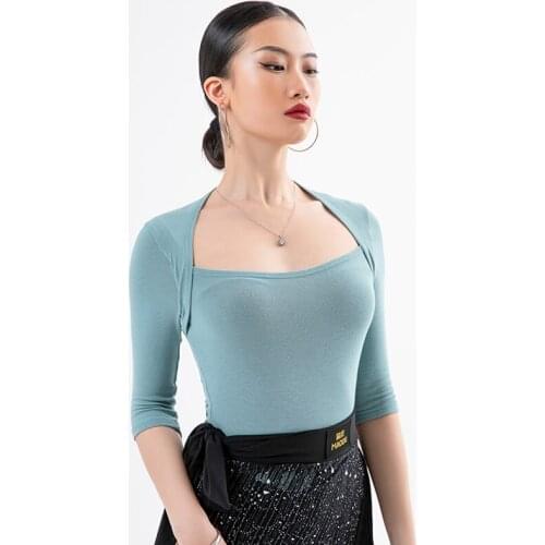 2021 Latin Dance Tops Women Dance Clothes Elastic Middle Sleeves Modern Ballroom Dance Practice Wear Latin Training Tops BL5757