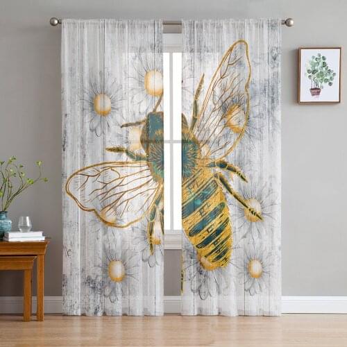 Bee Daisy Wood Grain Sheer Curtains for Living Room Bedroom Kitchen Tulle for Windows Voile Drapes Home Decoration