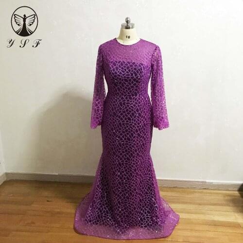 YSF Prom Dresses Designer Yousef O Neck Glitter Fabric Bling Bling Long Sleeve Mermaid Purple Vestidos De Formature