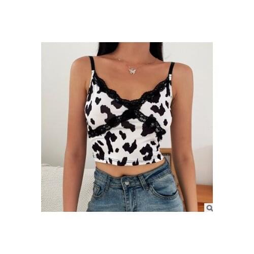 Women Sexy Camisole Tops V-Neck Exposed Navel Sleeveless Print Lace T-shirt Slim Vest top