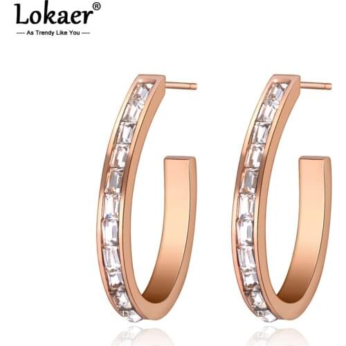 Lokaer Trendy Stainless Steel Shining Cubic Zirconia Earrings Jewelry Rose Gold Wedding Anniversary Earrings For Women E19117
