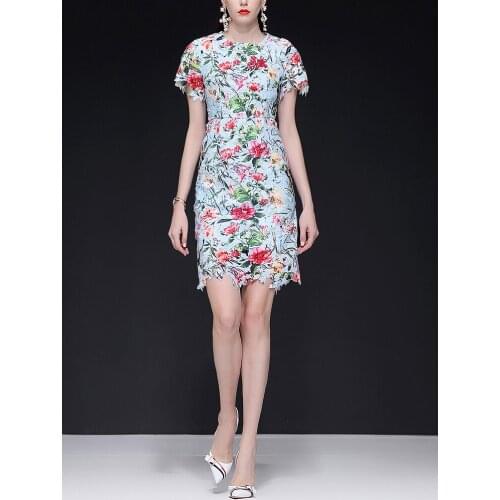 Vadim Dress Women Special Offer Knee-Length Dress Summer Water Soluble Flower Handmade Beaded Sequins Hip Print Lace Female