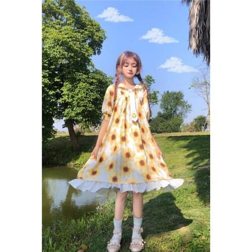 Summer New Japanese Sweet and Lovely Daily Chrysanthemum Short Sleeve Dress + Lolita Take Chiffon Women gothic lolita