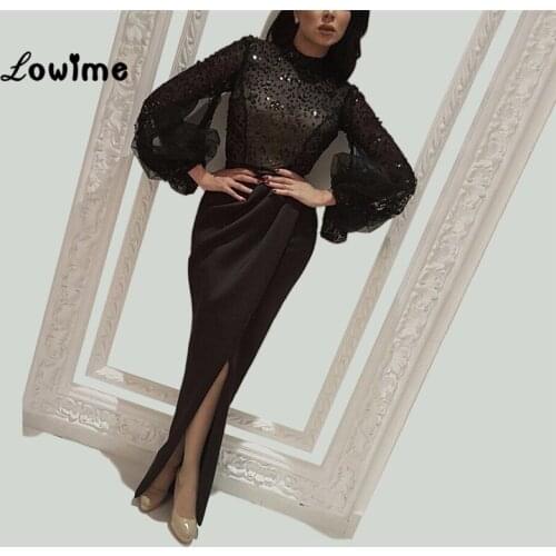 High Neck Long Sleeves Black Evening Dresses Mermaid Special Fabric Arabic Robe De Soiree Floor Length Vestido De Festa Longo