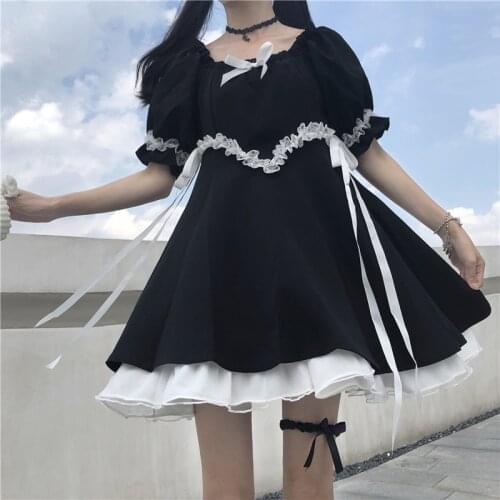 Sweet Cute Lolita Dress Female Japanese Kawaii Soft Girl Black Gothic Dresses Vestido Puff Sleeve Vintage Lace Up Bow Dress 2021