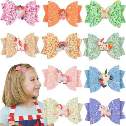 1 PC New Cute Design Hairbow for Little Girls Unicorn Glitter 3 Inch Bow Hair Clips Children Barrettes Kids Hair Accessories
