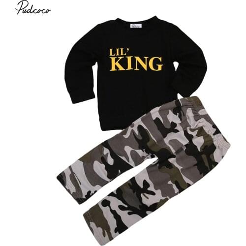 2pcs Infant Kids Baby Boy Spring Outfits Black T-shirt Pullover Tops+Camouflage Long Pants Outfits Set Boys Fashion Clothes 1-6Y