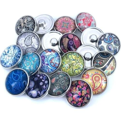 20pcs/lot 18mm 20mm Paisley Pattern Glass Cabochon Snap Buttons for DIY Snaps Bracelet Necklace Glass Charms Findings N004