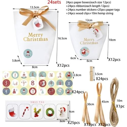 24pcs/set Christmas Gift Bags "Merry Christmas" Gift Boxes Creative Party Candy Boxes Include Stickers Tags Ribbon
