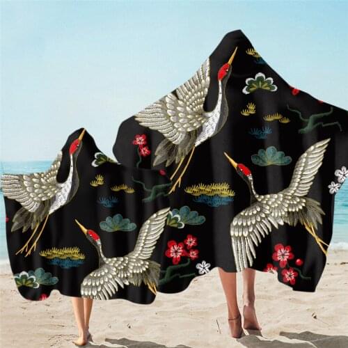 Free shipping Novelty Gift Flower Floral Birds Feathers Crane Flamingo Hooded Towel For Sports Gym Spa Surfing Swim Bath Beach