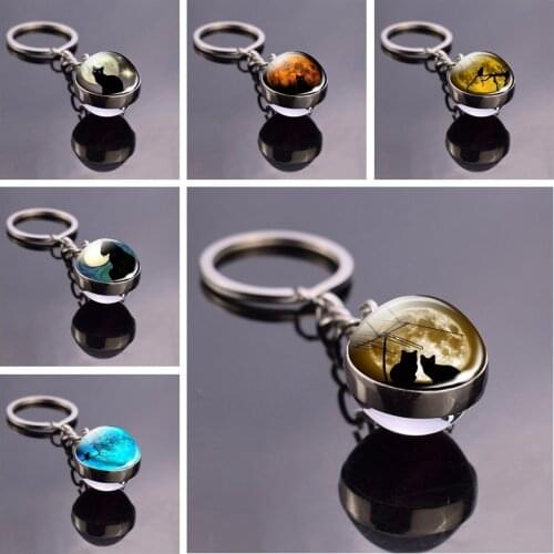 Full Moon and Black Cat Glass Ball Keychain Key Rings Pendant Fashion Accessories Gifts for Women Birthday Gift