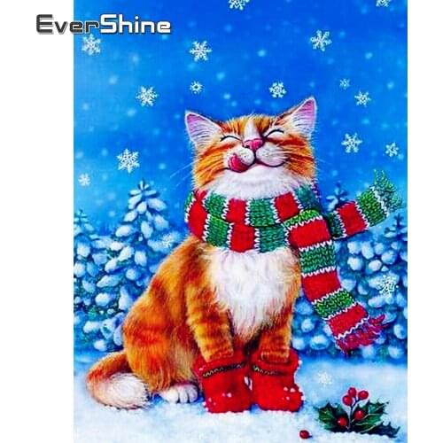 EverShine Diamond Painting Winter 5D Full Square Diamond Embroidery Animal Picture Rhinestones Mosaic Cat Decor For Home