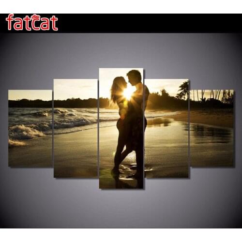 FATCAT 5 Panels Lovers Under The Sunrise Landscape Diy Diamond Painting Full Square Round Drill Diamond Embroidery Sale AE940