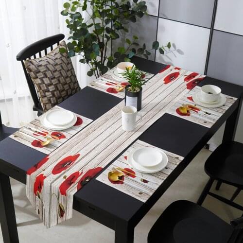 Vintage Wooden Texture Red Poppy Flower Table Runner Placemats Set Country Wedding Table Decoration for Kitchen Home Dining