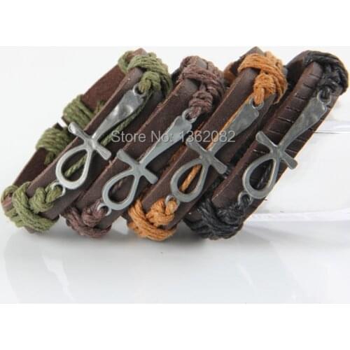 12pcs Ancient Egyptian Symbol Of Life Handmade Leather Ankh Bracelet Amulet Lucky Gift MB50