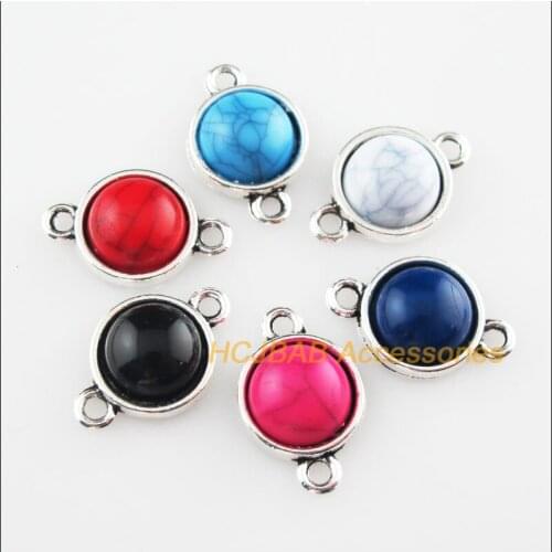 Fashion 12Pcs Tibetan Silver Round Mixed Stone Charms Pendant Connectors 12x19mm