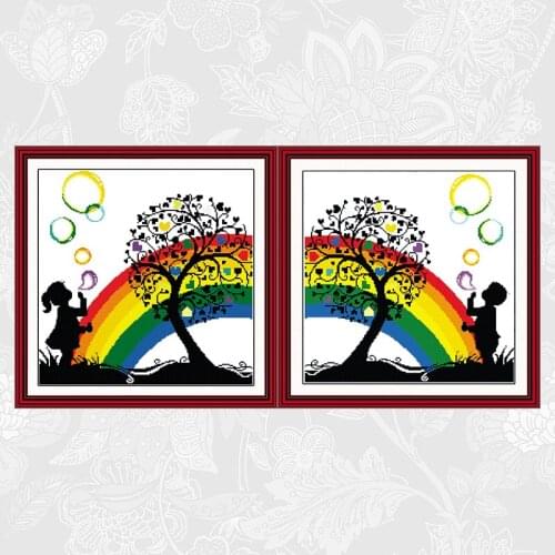 Rainbow bubble boy and girl Aida Canvas Cross Stitch kits Embroidery Thread Set DIY Needlework Send Accessory Tools