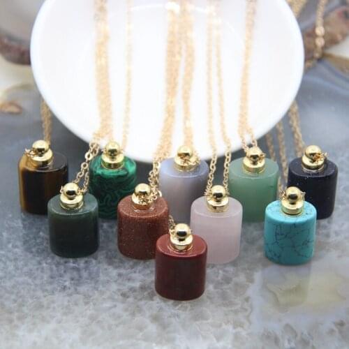 Natural Turquoises Perfume Bottle Pendants Necklaces,Smooth Rose Quartzs Agates Stone Essential Oil Diffuser Vial Charms Jewelry