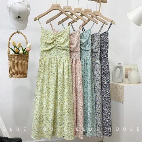 Floral Camisole Dress Female Summer Pleated V-neck Chiffon Dresses Women High Waist A-line Long Dress 5 Colors