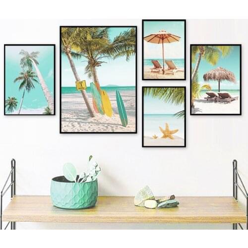 Beach Surfboard Coconut Tree Car Sun Leaf Wall Art Canvas Painting Nordic Posters And Prints Wall Pictures For Living Room Decor