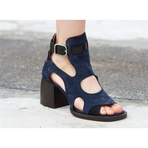 Drop Shipping Girls Genuine Leather Cuts Out Buckle Roman Sandals Woman Open Toe Hollow British Style Chunky Heels Sandals Shoes