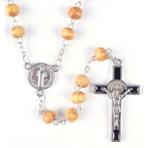 Religious Small Sized Wood Beads St Benedict Catholic Rosary Necklace