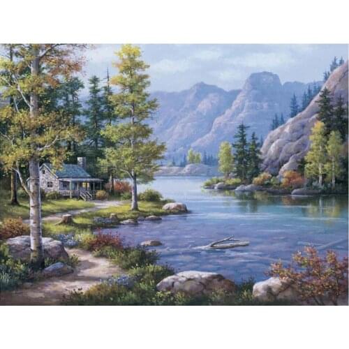 Hand Painted contemporary decorative art natural landscapes Oil painting on canvas Lakeside Lodge wall decor High quality