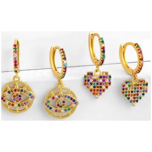 Heart evil eye multicolor Brass micro pave cz zircon cubic zirconia drop Hoop Earrings studs copper gold plated crystal wtg2