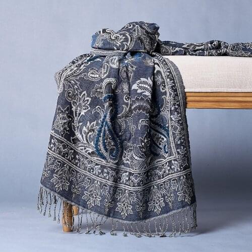 Merino Boiled Kashmiri Wool Scarf Women Winter Spring Fashion Hand-Beaded Embroidery Merino Nepal Wool Shawl Blue Pashmina