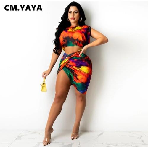 CM.YAYA Women Set Print Short Sleeve O-neck Crop Tops Mini Skirts Two 2 Piece Sets Active Tracksuti Fashion Outfit Summer 2021