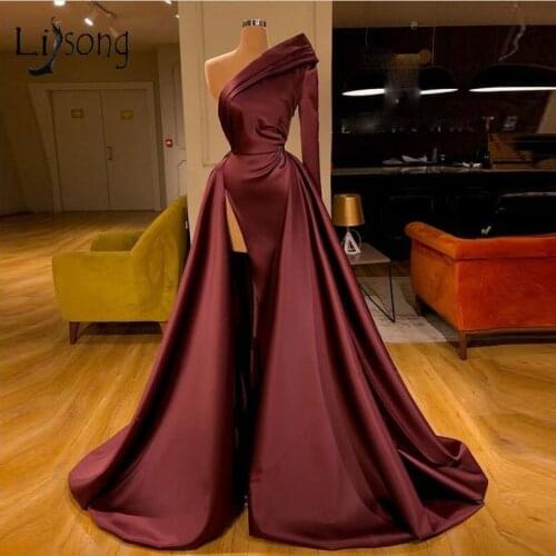 Vintage Burgundy Mermaid Evening Dresses With Detachable Train One Shoulder High Side Split Long Evening Gowns Real Image