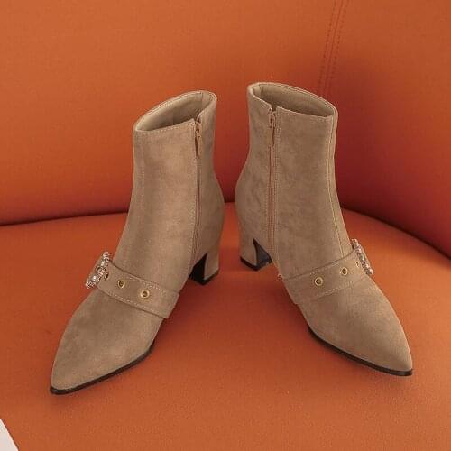 YMECHIC Faux Suede Buckle Strap Fashion Ankle Boot High Heels Crystal Rhinestone Woman Shoes Footwear Black Womens Bootie Autumn