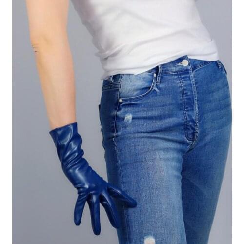 Womens fashion navy blue sexy slim faux pu leather glove ladys club performance formal party leather glove 28cm R2587
