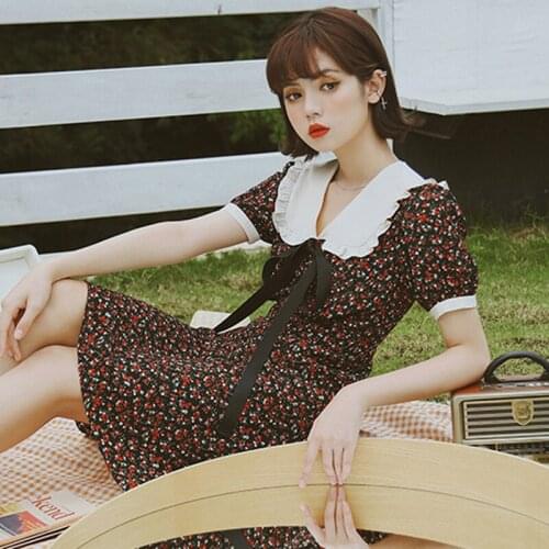 Womens Summer Dress Floral Casual Womens Dresses Bow Woman Summer Beach Dresses Short Sleeve Slim Summer Dresses Ladies 2021