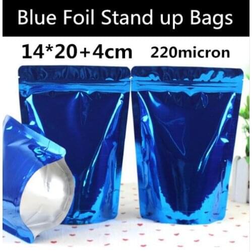 100pcs 14cm*20cm+4cm(Bottom) 220mic Glossy Blue Aluminum Foil Zip Lock Bag Stand up Blue Gift Packaging Bag