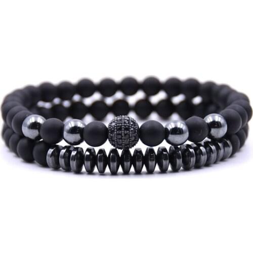 2 pcs/1 set Unisex Micro inlaid zircon stretch men women beads bracelet black gold color luxury gift 2019 Pearls Chain For MEN