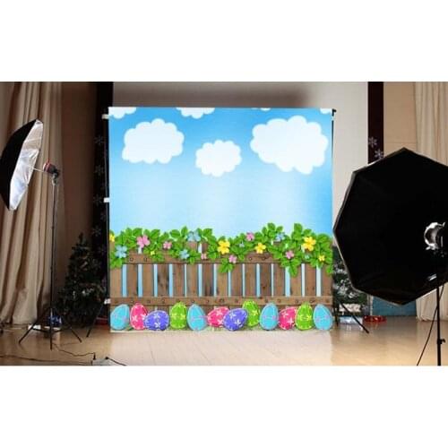 5x7ft Wooden Fence Photo Backgrounds Flowers Easter Eggs Cloudy Blue Sky Custom Photography Studio Backdrops Backgrounds Spring
