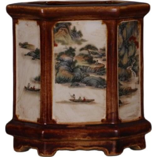 China Old Porcelain Pastel Hexagonal Penholder Character Landscape Painting Vase