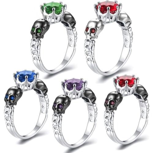 Hainon Punk Silver Color Skull Ring Charms Green Red Zircon Rings for Women Accessories Trendy Party Gift Rings Jewelry