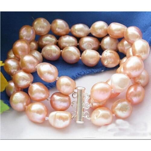 Perfect Women Birthday,Chirstmas Gift Pearl Bracelet,3Rows 8inches Pink AA 10-13MM Rice Freshwater Cultured Pearl Bracelet