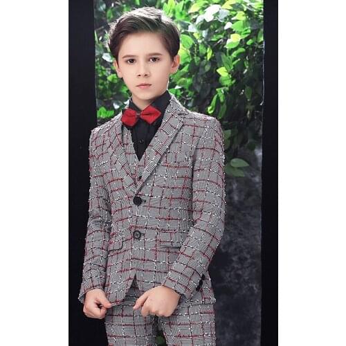 Boys Formal Dress Suit Set Child Plaid Single-breasted Blazer Pants Vest Shirt Tie 5Pcs Clothes Set Kids Wedding Party Costume