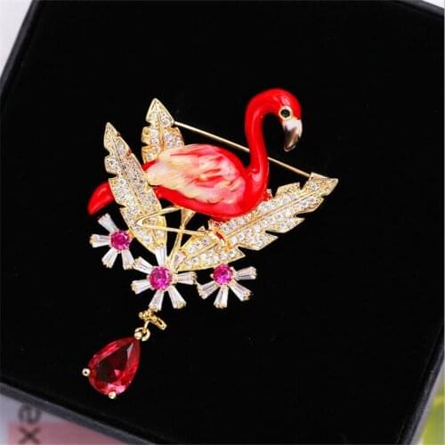 Korean Copper Zircon Fashion Jewelry Women Elegant Beautiful Clothes Accessory Pink Blue Flamingo Brooch