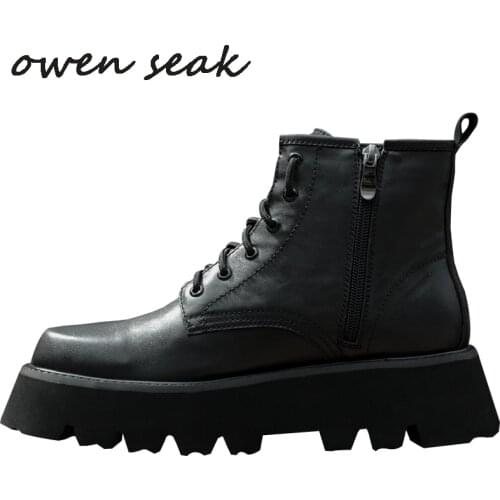 Owen Seak Men Riding Boots Genuine Leather High-TOP Ankle Heighten Luxury Trainers Casual Street Flats Autumn Winter Shoes